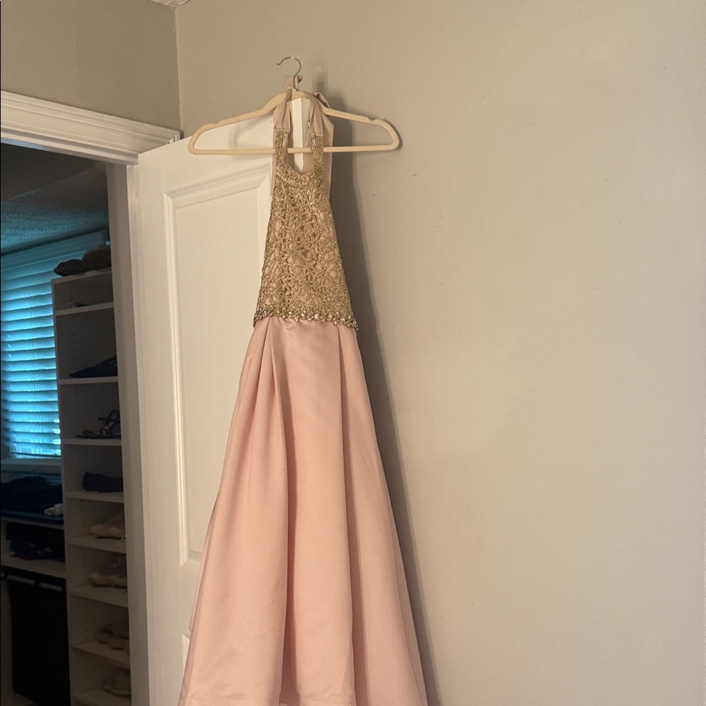 Elegant Gold and Pink Halter Gown
